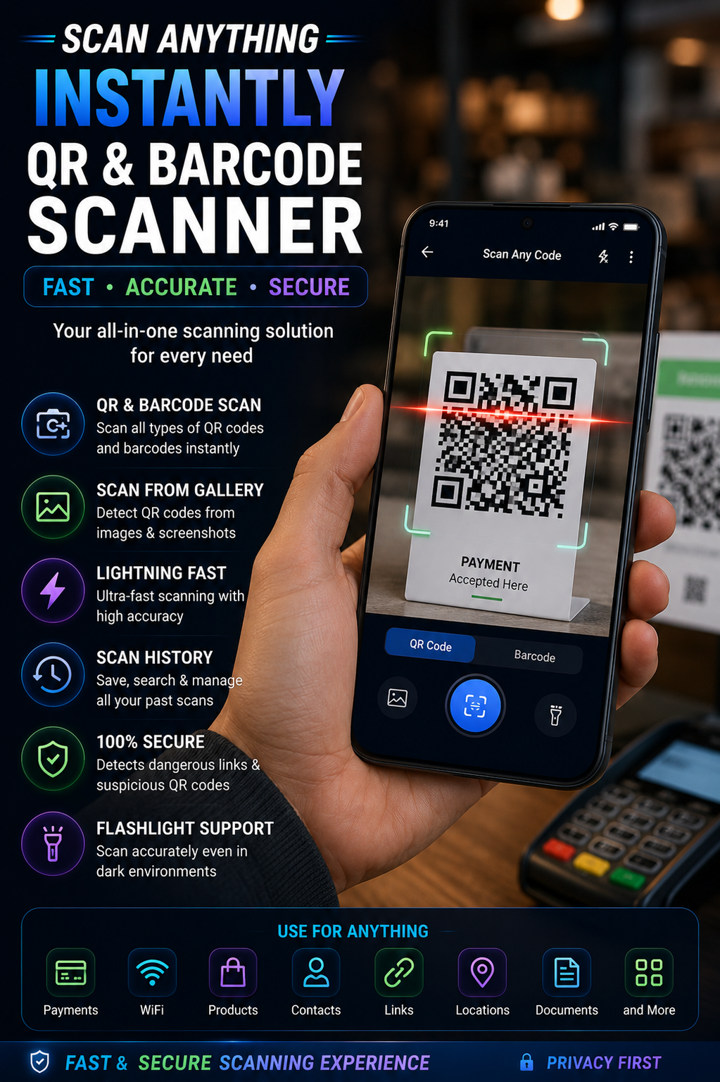 QR Scanner settings and tools screen